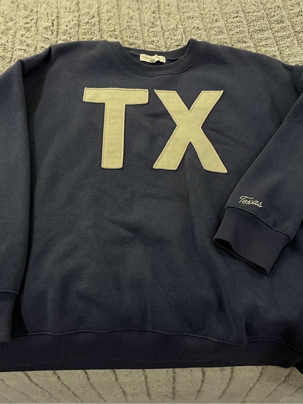 Men's Navy Sweatshirt with Cream 'TX' Appliqué - Texas Script Detail